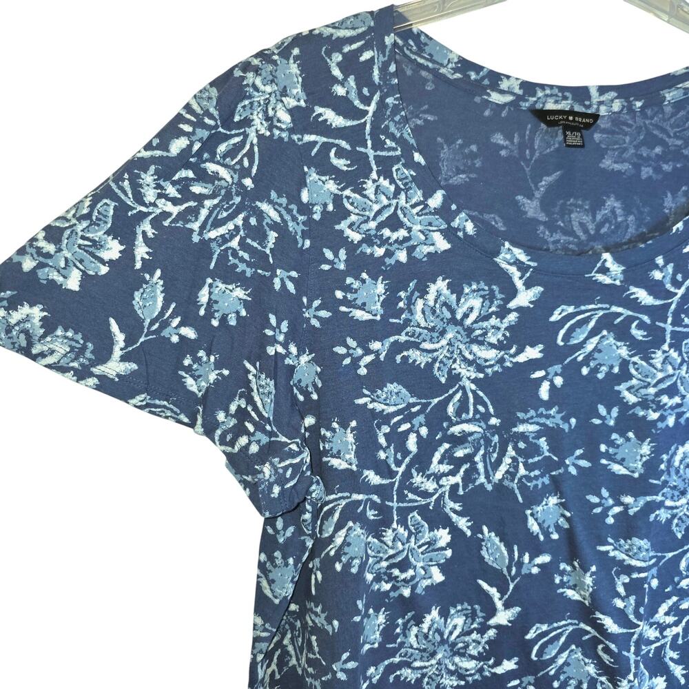 Lucky Brand‎ Flutter Sleeve Floral Tee Womens Sz XL Blue Short Sleeve Scoop Neck - Picture 9 of 15